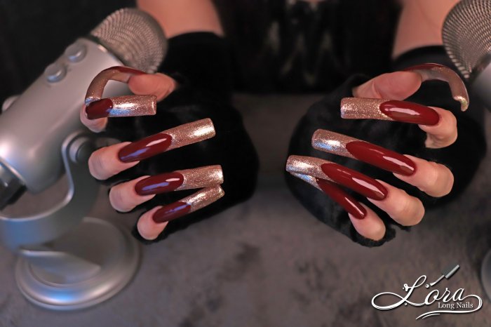 Photoshoot of long red nails for the New Year's video