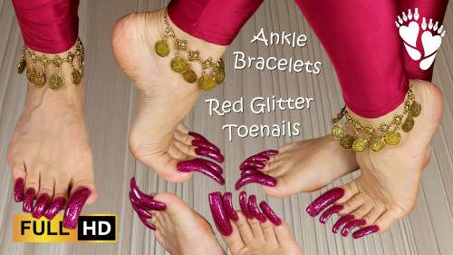 Red Glitter Toenails & Ankle Bracelets