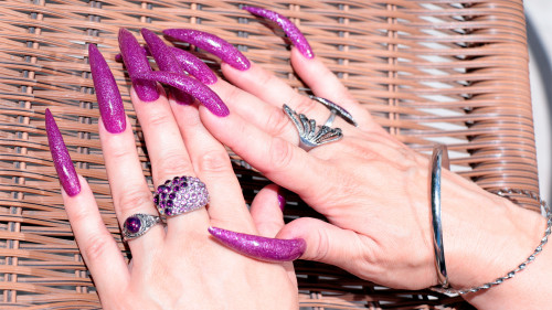 Photosession High Heels And Long Purple Toenails Lora Long Nails