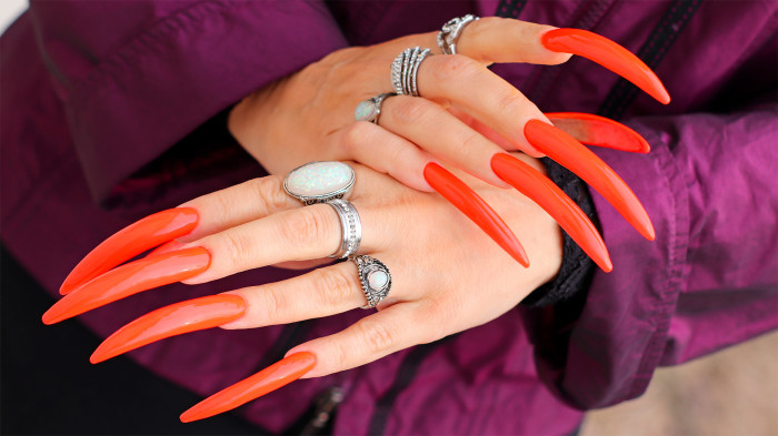 My New Orange Pointy Nails Lora Long Nails